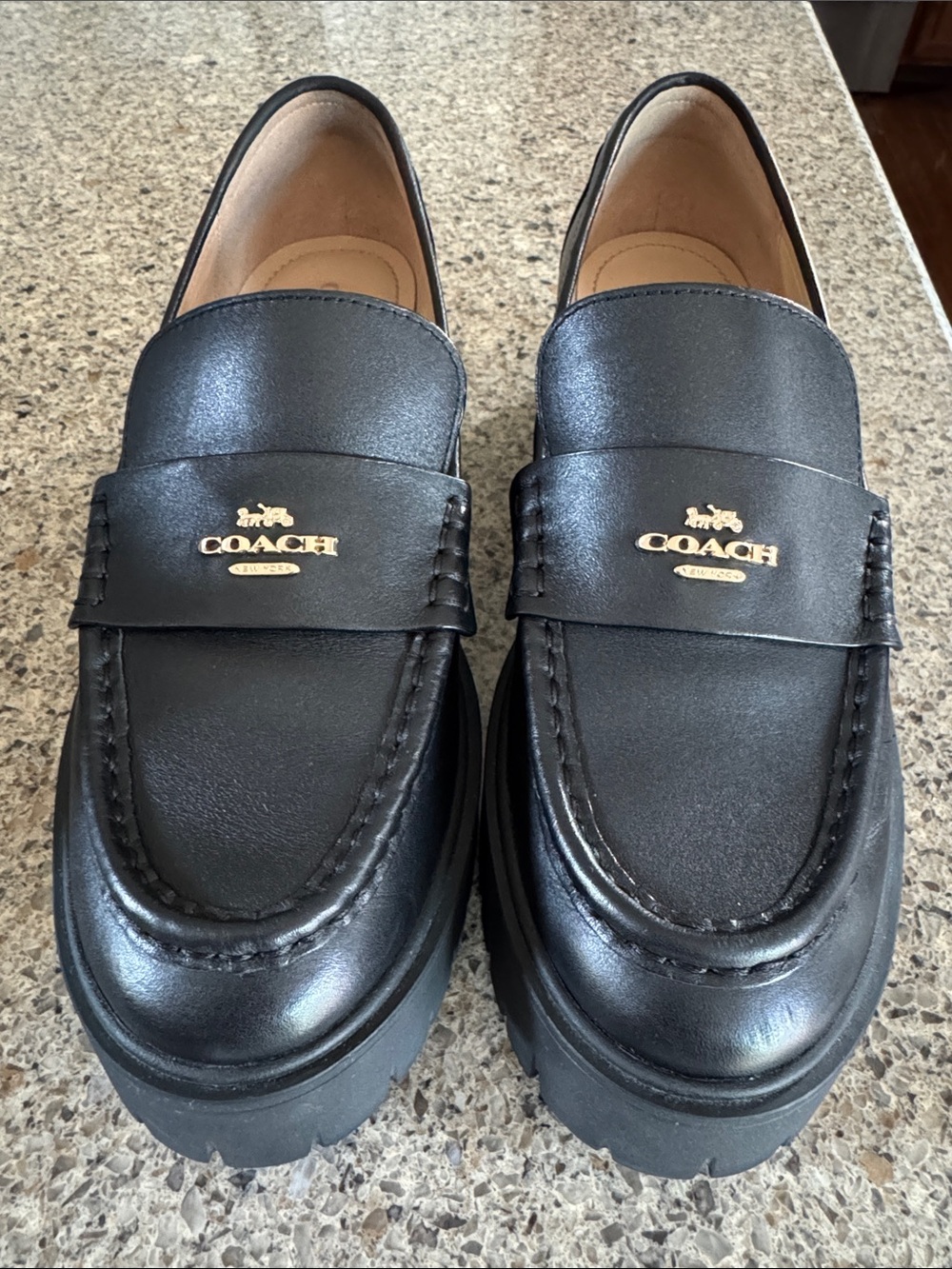 Coach Black Leather Chunky Penny Loafers with Gold Logo